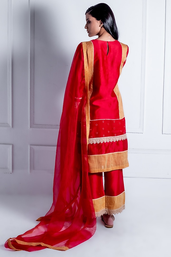 Red Chanderi & Organza Embroidered Kurta Set by Radhika & Raghav at Pernia's Pop Up Shop