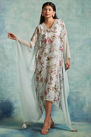 Ice Blue Chiffon Printed Kaftan by Radhika & Raghav