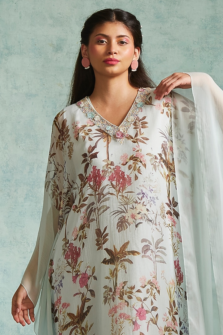 Ice Blue Chiffon Printed Kaftan by Radhika & Raghav at Pernia's Pop Up Shop