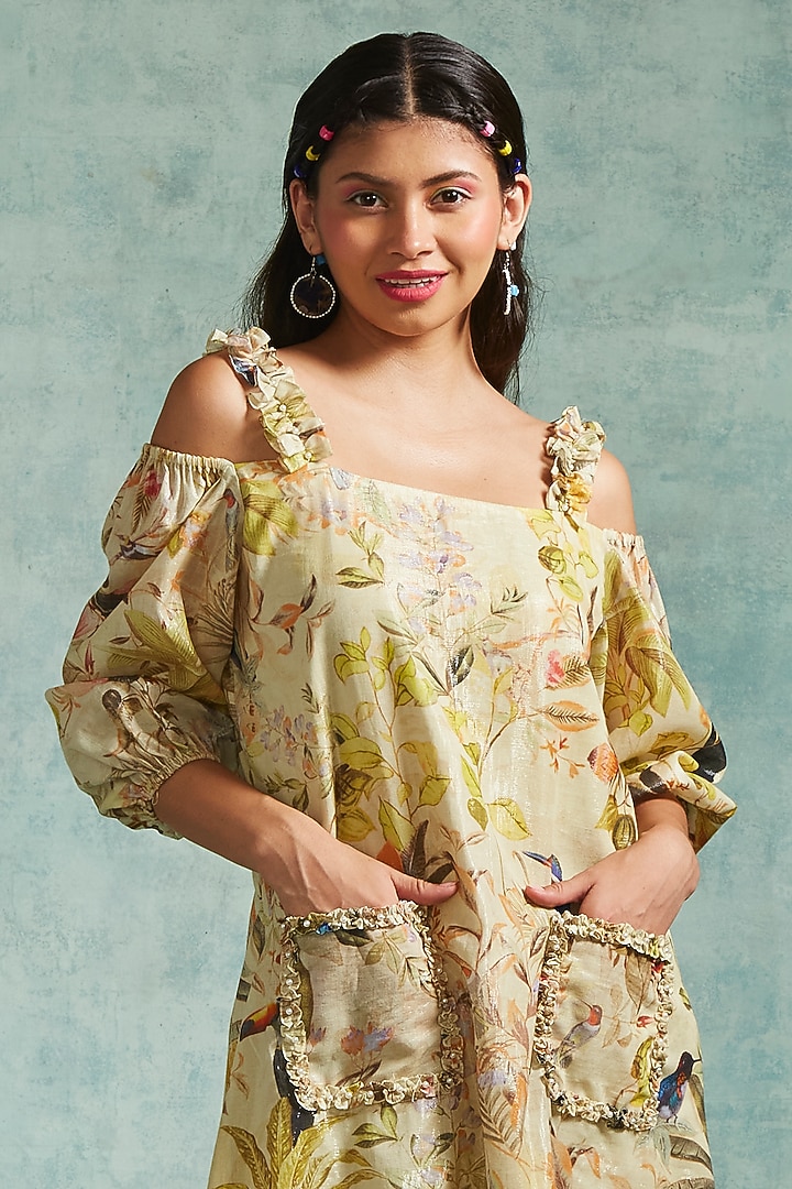 Lemon Cotton Shimmer Printed Ruffled A-Line Summer Dress by Radhika & Raghav at Pernia's Pop Up Shop