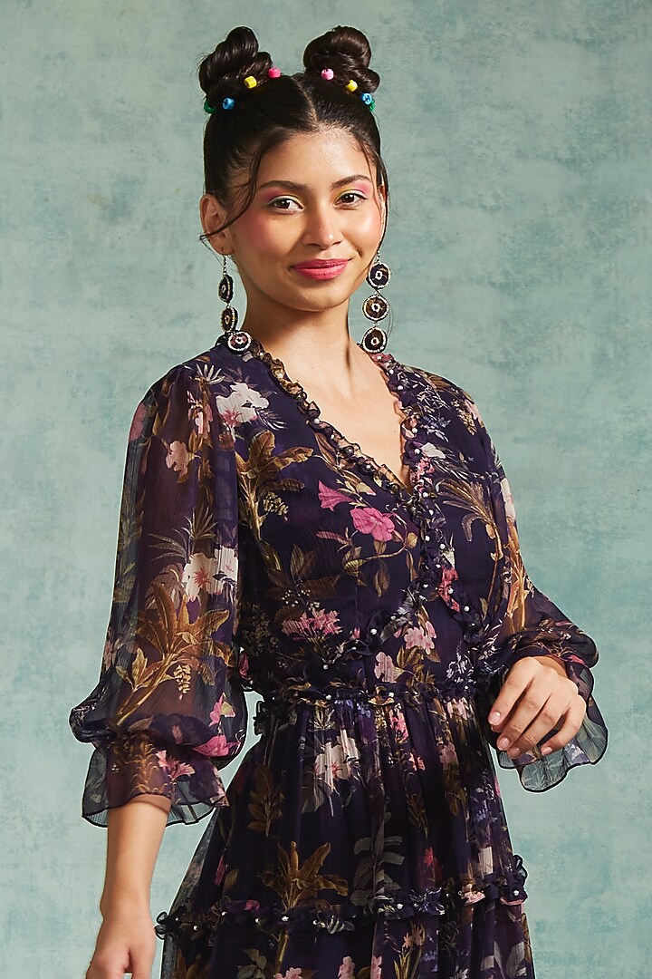 Purple Chiffon Printed Summer Dress by Radhika & Raghav at Pernia's Pop Up Shop