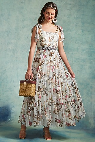 Ice Blue Chiffon Printed Maxi Dress by Radhika & Raghav