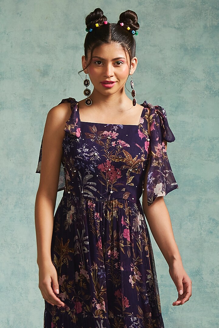 Purple Chiffon Printed Jumpsuit by Radhika & Raghav at Pernia's Pop Up Shop