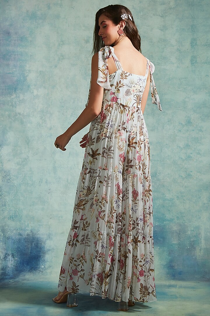 Ice Blue Chiffon Printed Jumpsuit by Radhika & Raghav at Pernia's Pop Up Shop