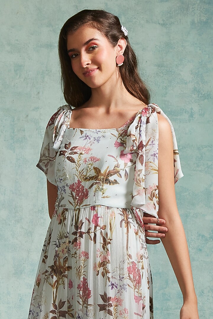 Ice Blue Chiffon Printed Jumpsuit by Radhika & Raghav at Pernia's Pop Up Shop