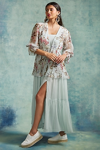 Ice Blue Chiffon Printed Jacket Dress by Radhika & Raghav