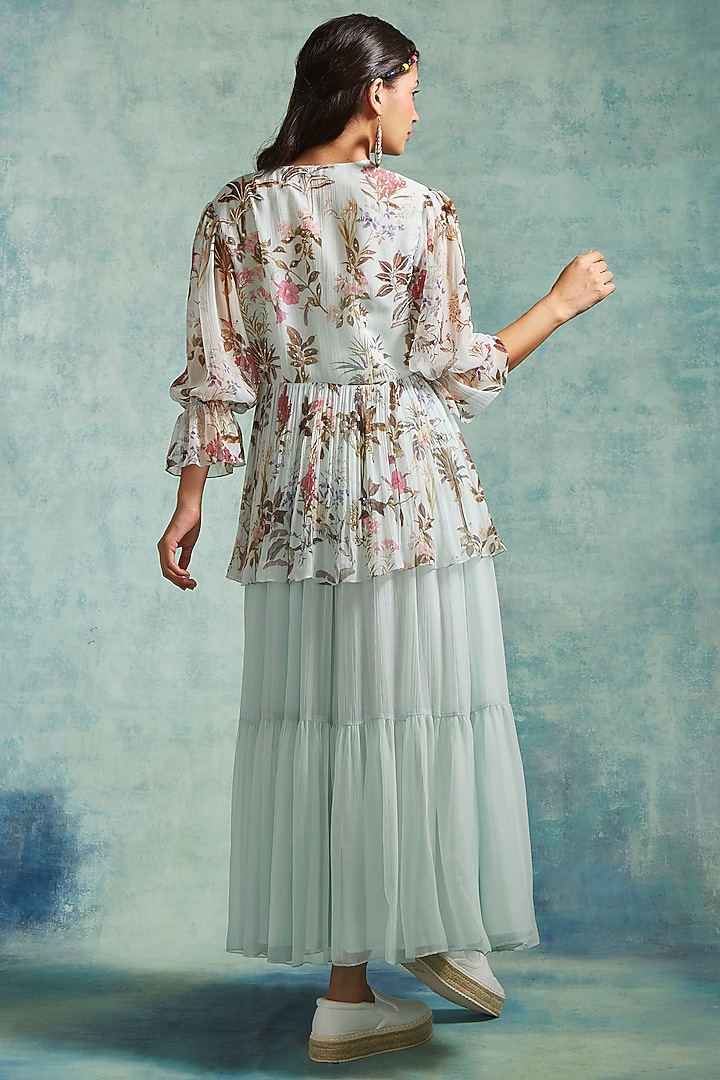 Ice Blue Chiffon Printed Jacket Summer Dress by Radhika & Raghav at Pernia's Pop Up Shop