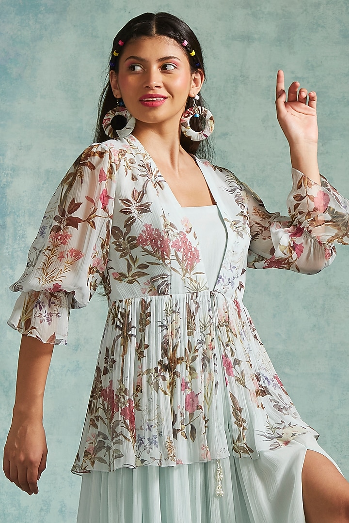 Ice Blue Chiffon Printed Jacket Summer Dress by Radhika & Raghav at Pernia's Pop Up Shop