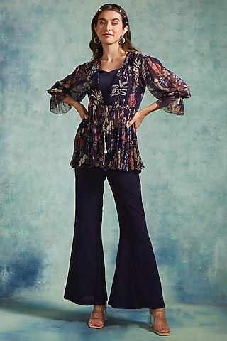 Purple Chiffon Cotton Lycra Printed Jacket Set by Radhika & Raghav