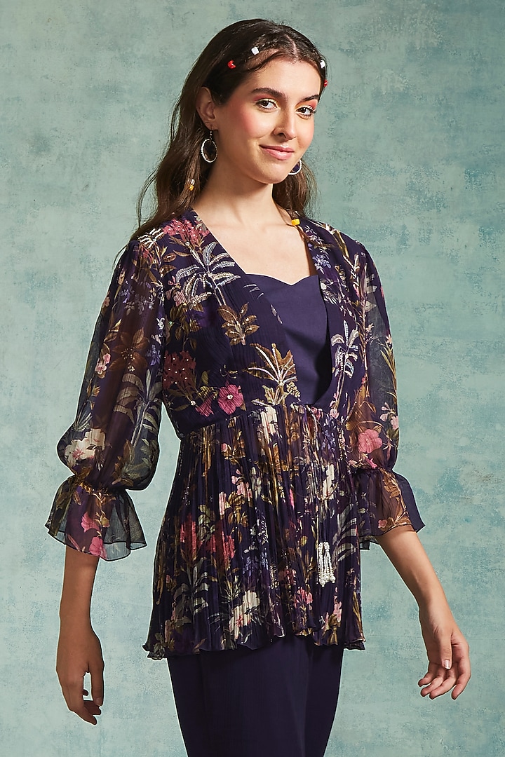 Purple Chiffon Cotton Lycra Printed Jacket Set by Radhika & Raghav at Pernia's Pop Up Shop