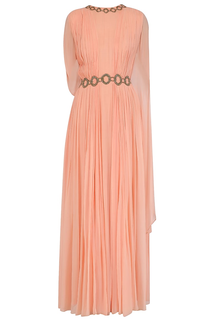 Sunset Peach Two Side Winged Sleeve Gown by Ridhi Arora