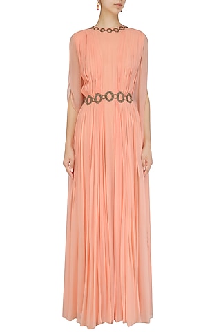 Sunset Peach Two Side Winged Sleeve Gown by Ridhi Arora