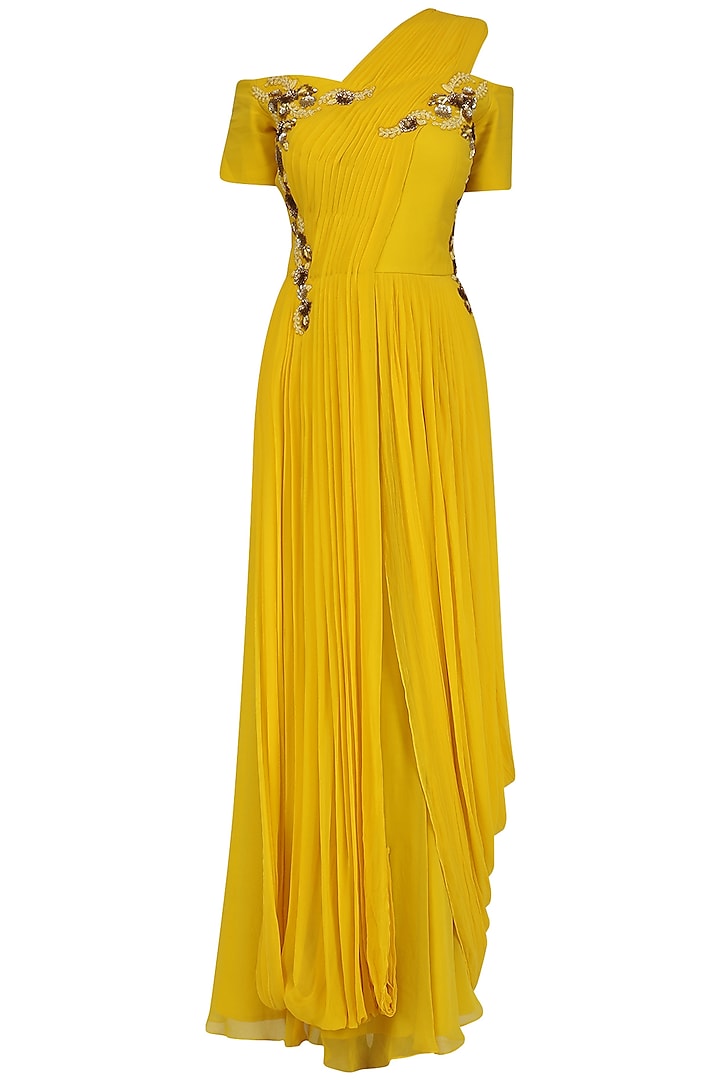 Canary Yellow Floral Cold Shoulder Gown by Ridhi Arora