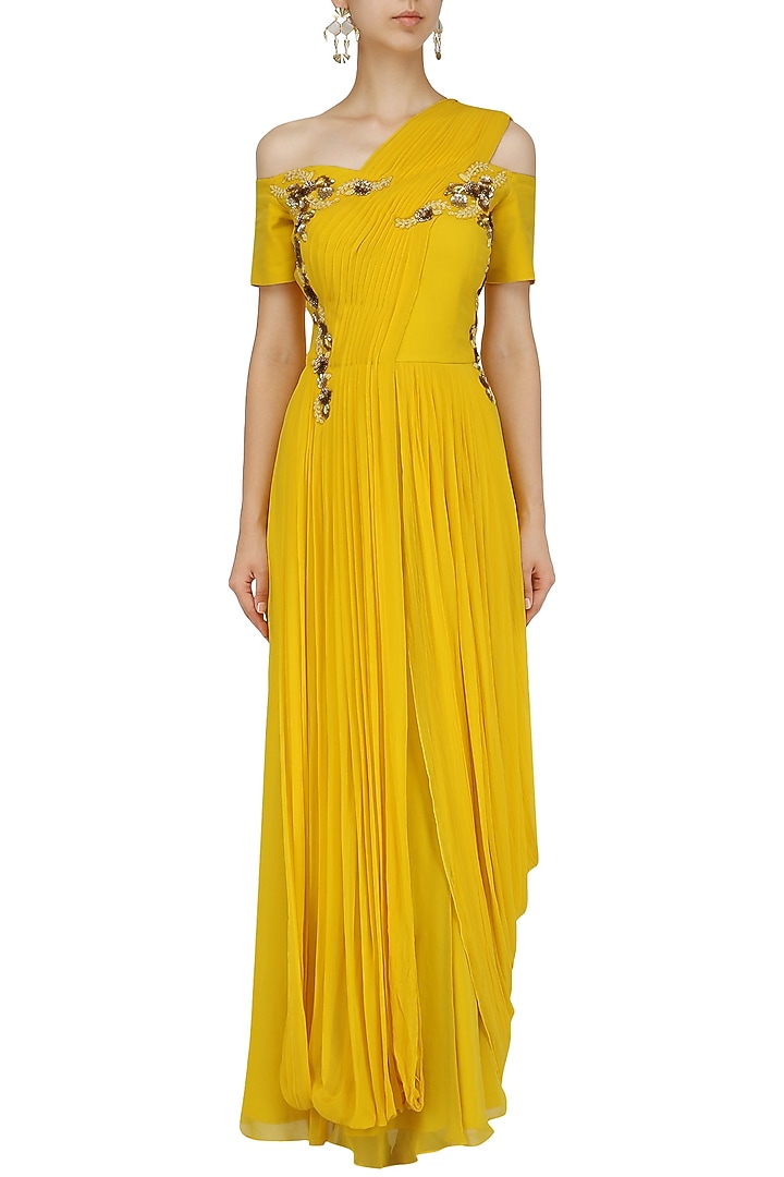 Canary Yellow Floral Cold shoulder Gown available only at Pernia's Pop Up Shop.