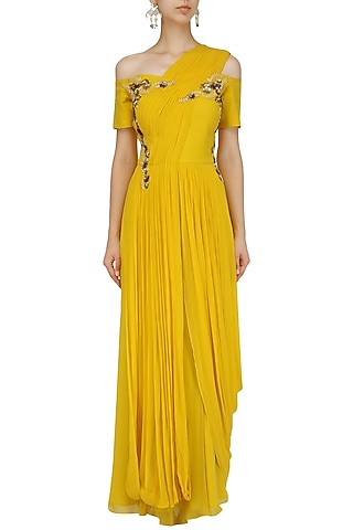 Canary Yellow Floral Cold Shoulder Gown by Ridhi Arora