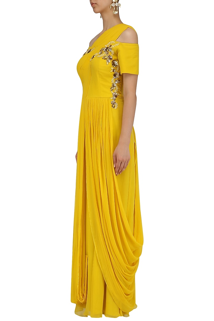 Canary Yellow Floral Cold shoulder Gown available only at Pernia's Pop Up Shop.