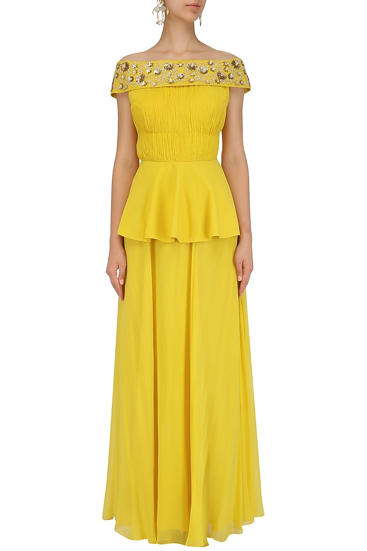 Canary Yellow Off shoulder Peplum And Skirt Set available only at Pernia's Pop Up Shop.
