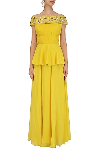 Canary Yellow Off Shoulder Peplum and Skirt Set by Ridhi Arora