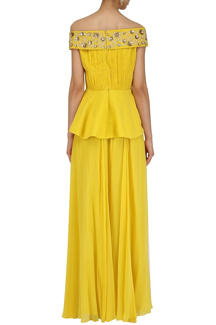 Canary Yellow Off shoulder Peplum And Skirt Set available only at Pernia's Pop Up Shop.