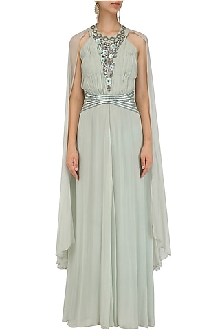 Sage Green Winged Sleeves Belted Gown by Ridhi Arora