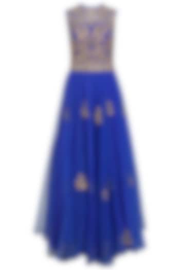 Indigo Blue Embroidered Floor Length Gown by Ridhi Arora