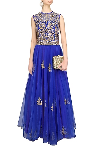Indigo Blue Embroidered Floor Length Gown by Ridhi Arora