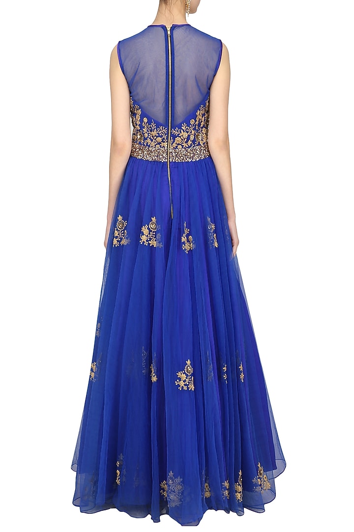 Indigo blue embroidered floor length gown available only at Pernia's Pop Up Shop.