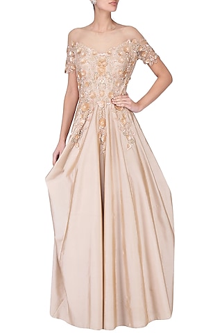 Gold floral embroidered drape gown by Ridhi Arora