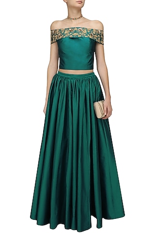 Teal Off Shoulder Crop Top and Skirt Set by Ridhi Arora