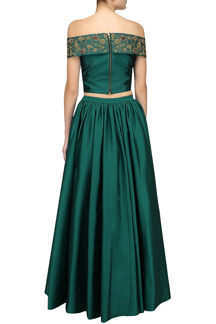 Teal off shoulder crop top and skirt set available only at Pernia's Pop Up Shop.