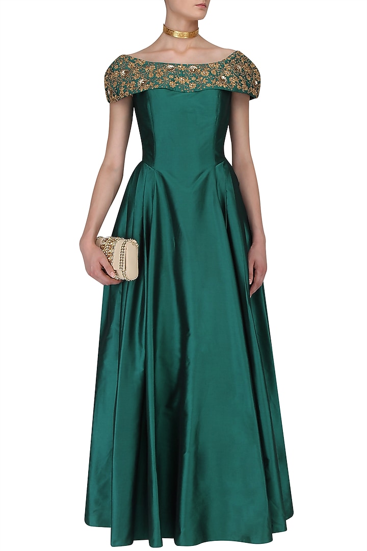 Teal off shoulder gown dori work gown available only at Pernia's Pop Up Shop.