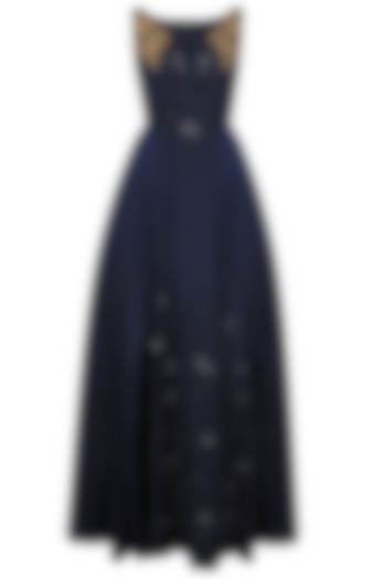 Navy Blue Tone On Tone Floral Embroidered Flared Gown by Ridhi Arora