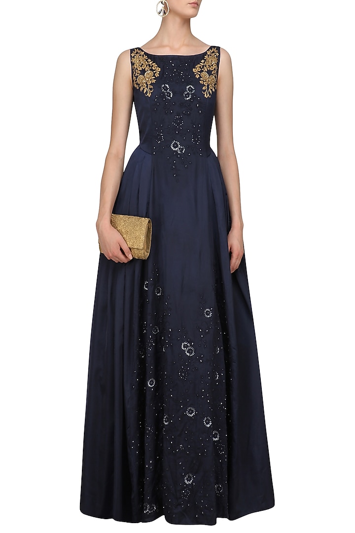 Navy blue tone on tone floral embroidered flared gown available only at Pernia's Pop Up Shop.