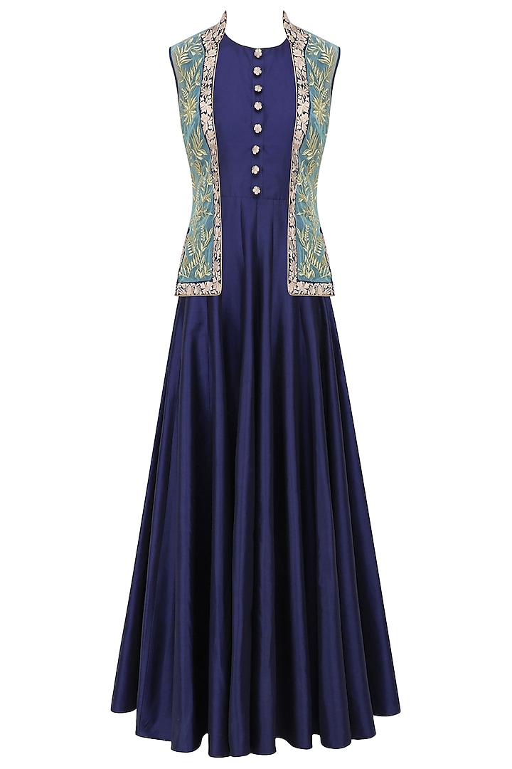Navy Blue Flared Gown with Aqua Blue Floral Work Front Open Jacket by Ridhi Arora