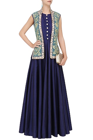 Navy Blue Flared Gown with Aqua Blue Floral Work Front Open Jacket by Ridhi Arora