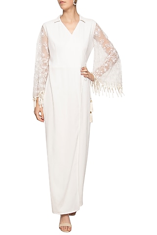 Ivory embroidered fringe jumpsuit by Ridhi Arora
