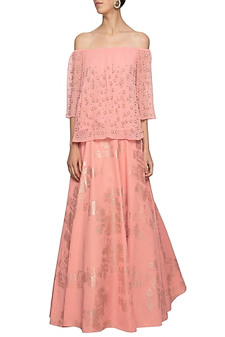 Peach embroidered crop top with skirt by Ridhi Arora