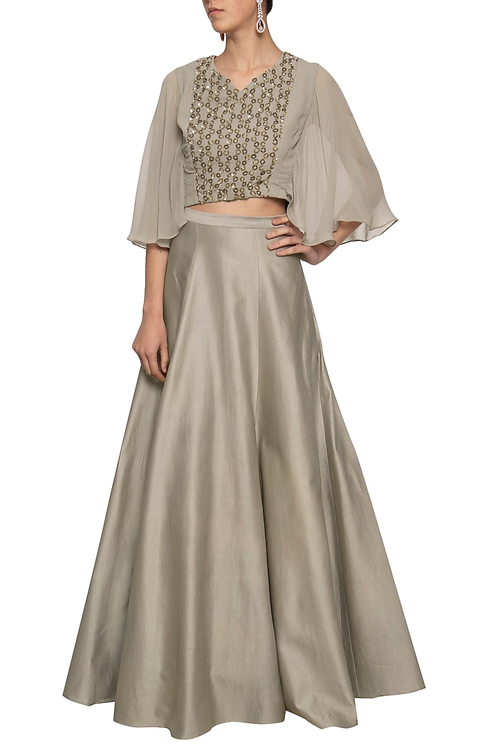 Grey gold embroidered crop top with skirt by Ridhi Arora at Pernia's Pop Up Shop