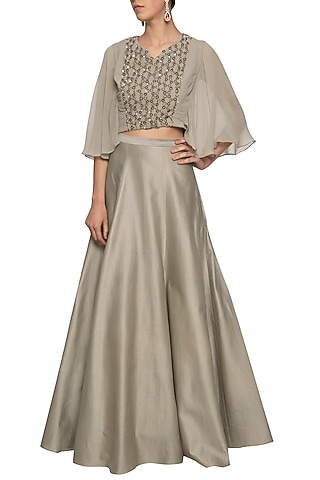 Grey gold embroidered crop top with skirt by Ridhi Arora