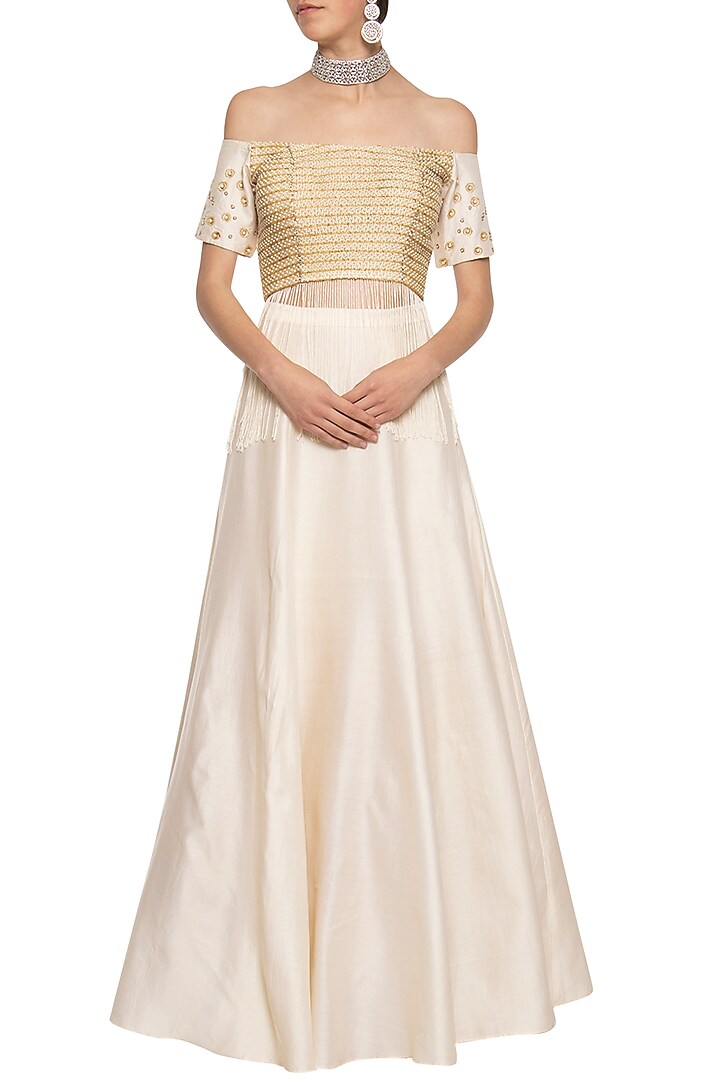 Ivory embroidered crop top with skirt by Ridhi Arora at Pernia's Pop Up Shop