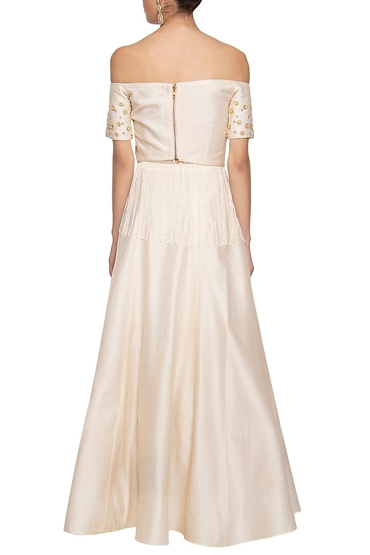 Ivory embroidered crop top with skirt by Ridhi Arora at Pernia's Pop Up Shop