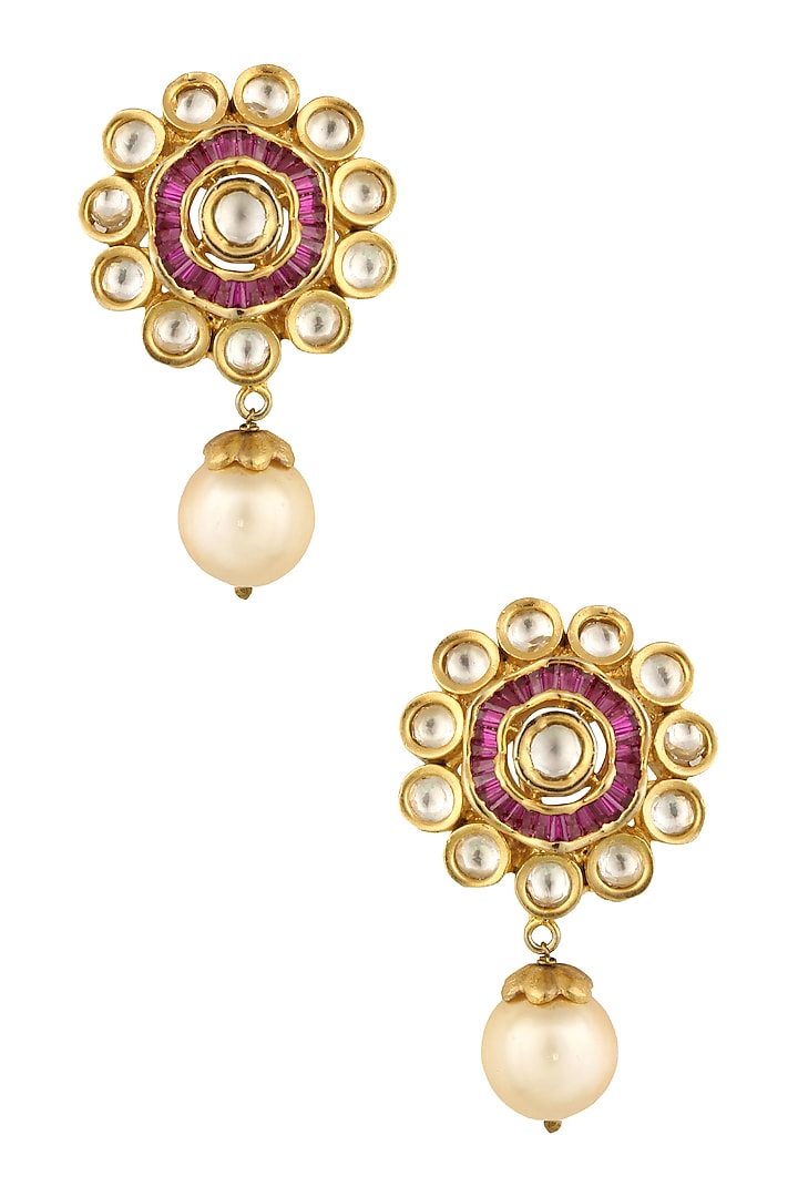 Gold Finish Kundan Crystal and Pink Cubic Zircon Earrings by Rohita and Deepa