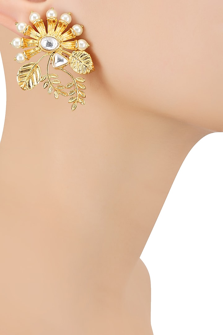 Gold Finish Kundan Crystal and Pearl Leaf Earrings by Rohita and Deepa