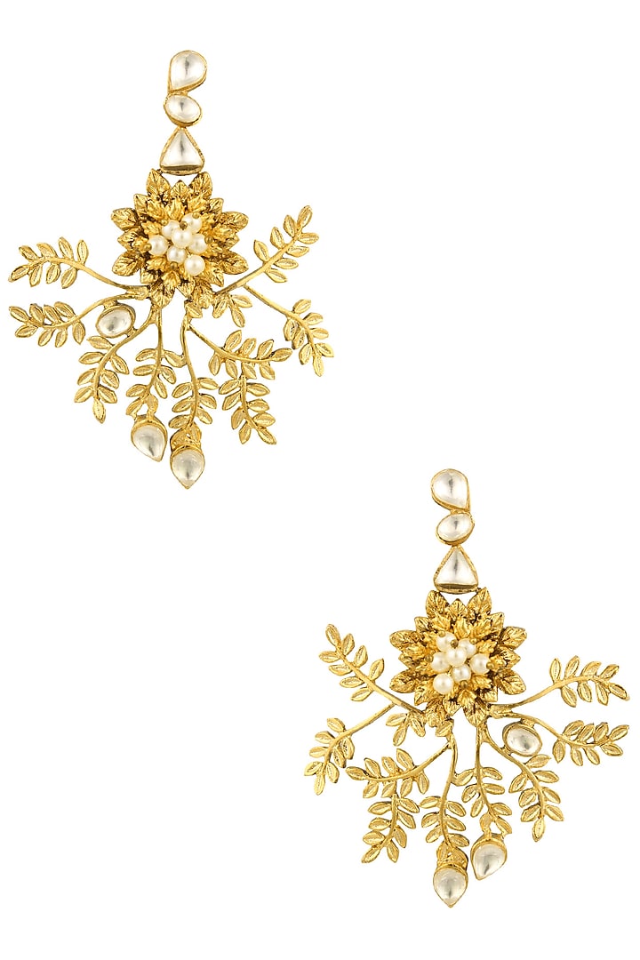 Gold Finish Kundan Crystal and Pearl Leaf Motif Earrings by Rohita and Deepa