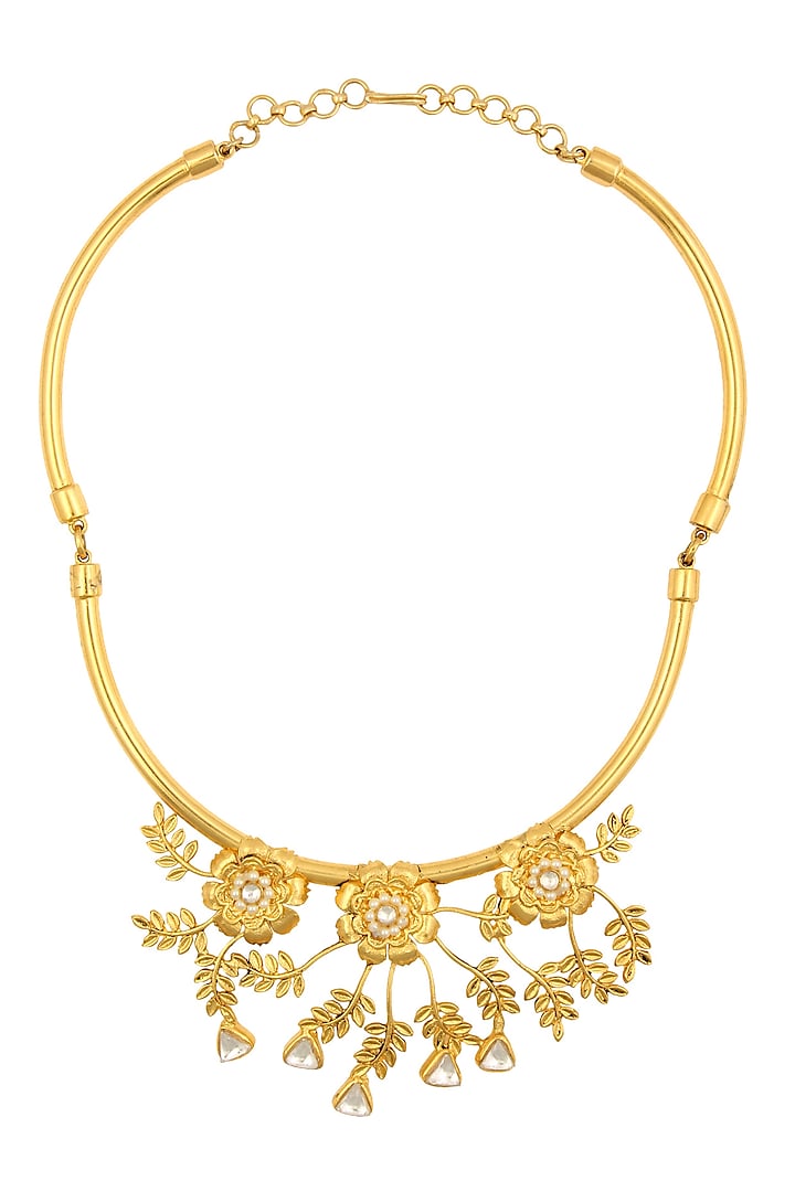 Gold Finish Baby Pearl Details Floral Motif Necklace by Rohita and Deepa