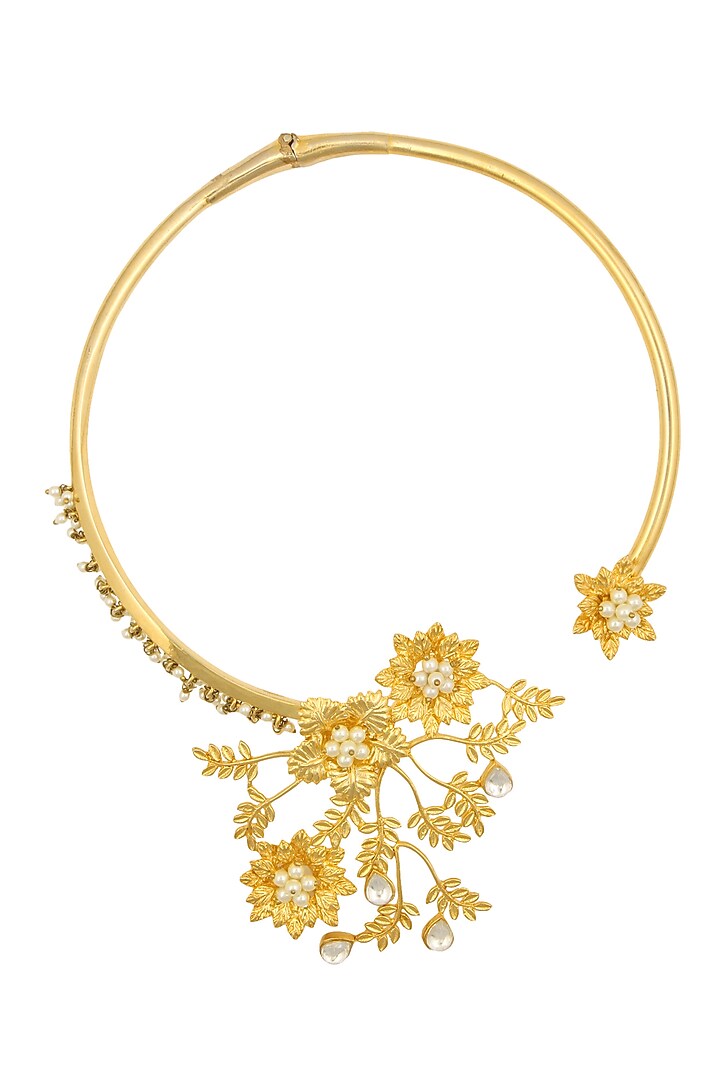 Gold Finish Floral Motif Necklace by Rohita and Deepa