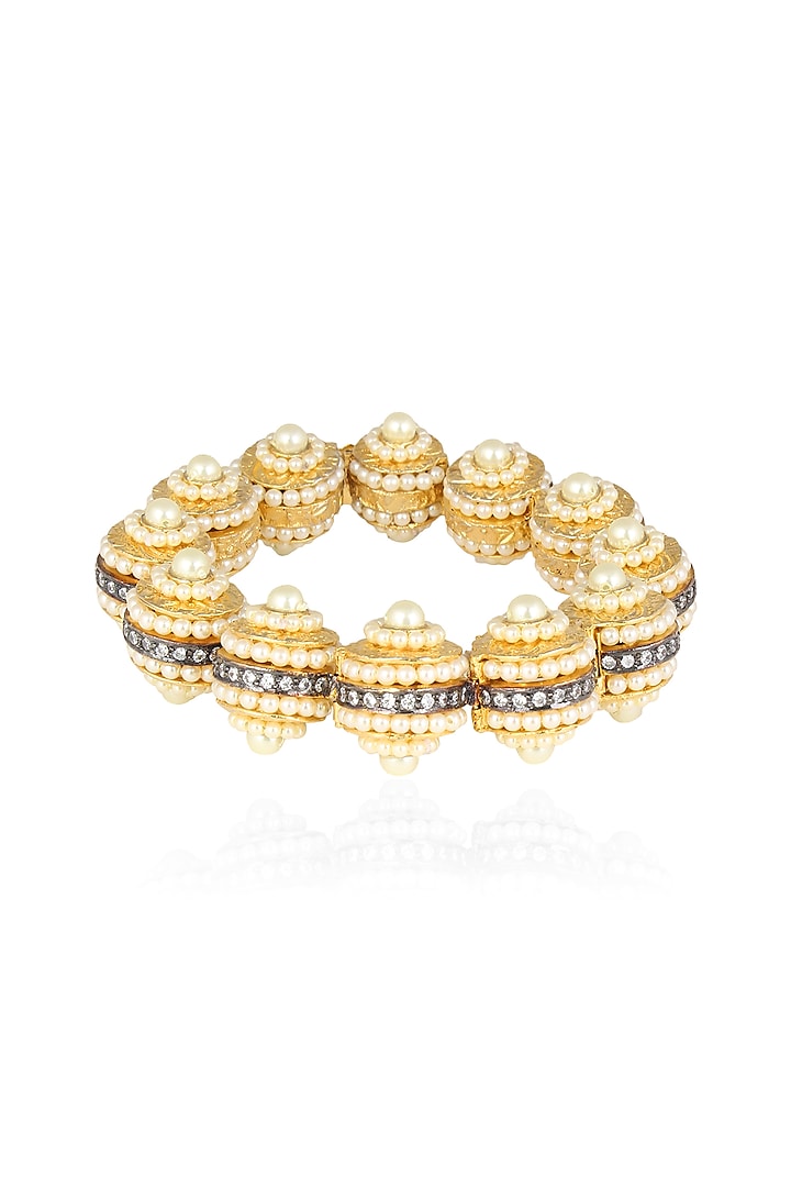 Matte Gold Finish Baby Pearls and Cubic Zircon Dome Bracelet by Rohita and Deepa