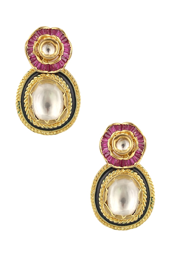 Matte Gold Finish Large Uncut Kundan Earrings by Rohita and Deepa
