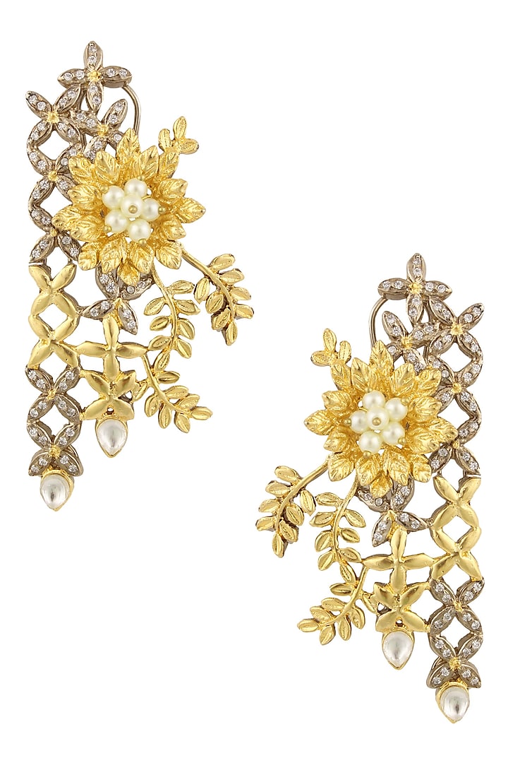 Matte Gold Finish Cubic Zircon Floral Motif Earrings by Rohita and Deepa