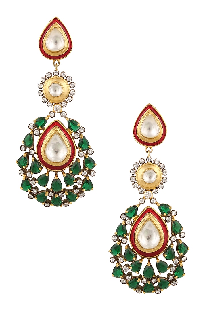 Matte Gold Finish Green Onyx and Kundan Crystal Earrings by Rohita and Deepa